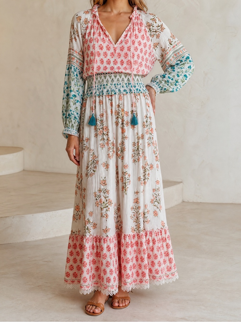 DEX Mixed Print Boho Maxi Dress Women’s XS Smocked Waist Long Sleeve Floral